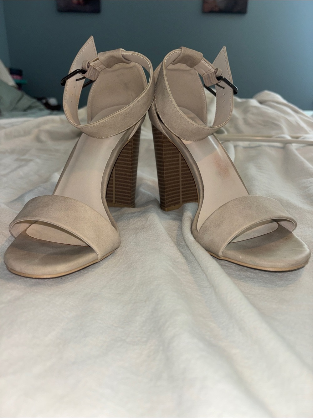 Qupid Cream Ankle-Strap Block Heel Sandals